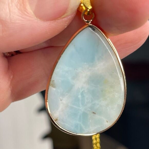 Amazonite gold tone raindrop pendant wrapped 1.5” gold tone stainless steel - Picture 6 of 9